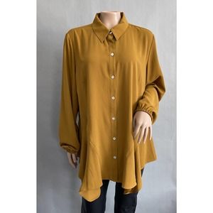 Logo by Lori Goldstein Top Women M Button Up Shirt Brown Crepe Career Oversized